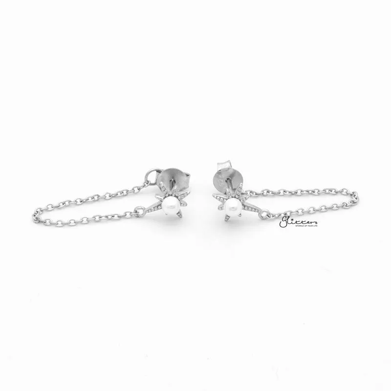 Sterling Silver Star and Pearl Chain Stud Earrings - Silver