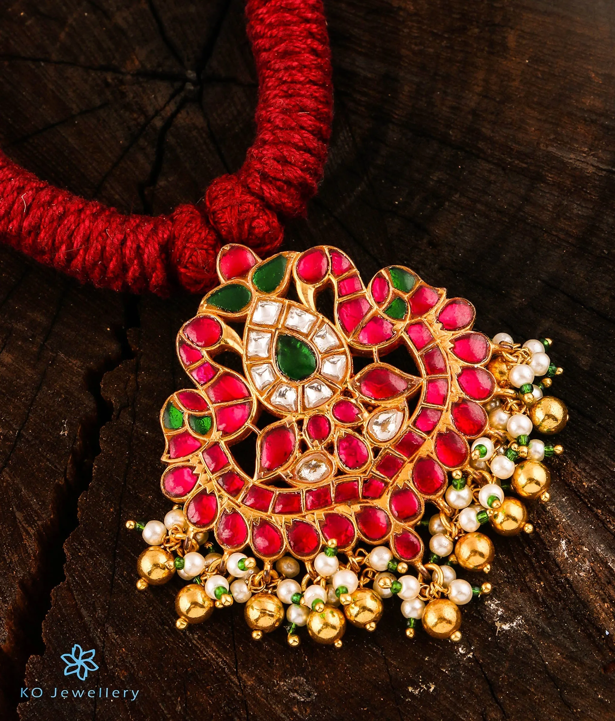 The Ruhiya Silver Jadau Peacock Thread Necklace (Red)