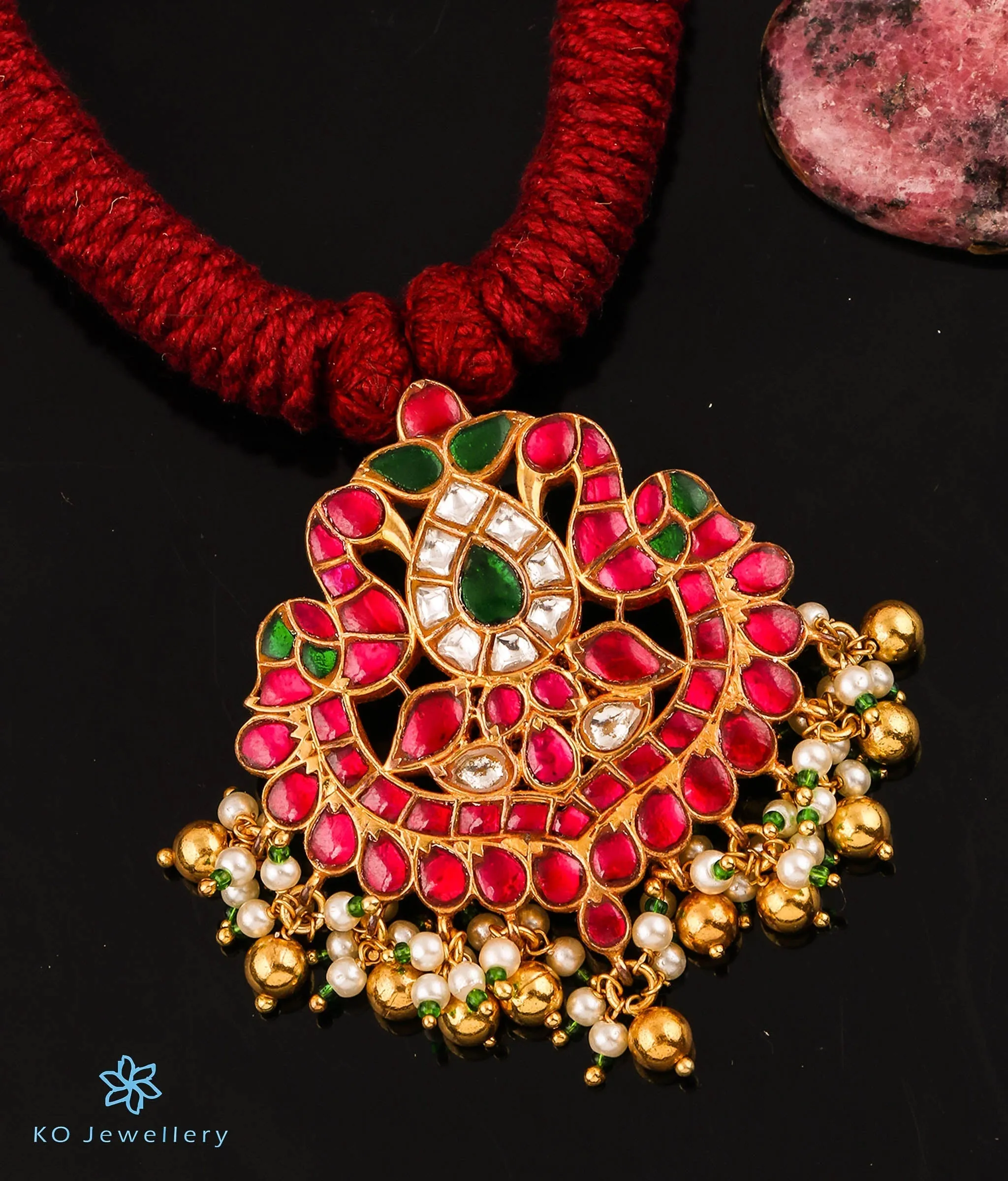 The Ruhiya Silver Jadau Peacock Thread Necklace (Red)