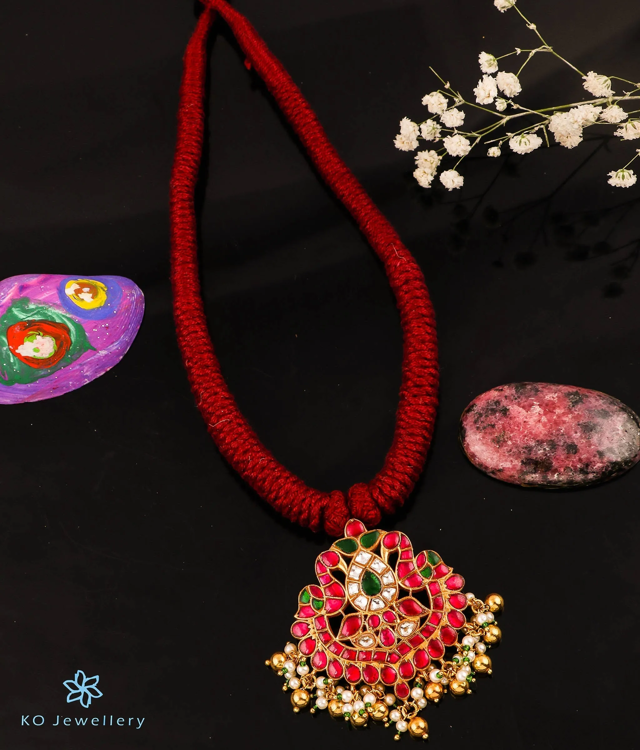 The Ruhiya Silver Jadau Peacock Thread Necklace (Red)