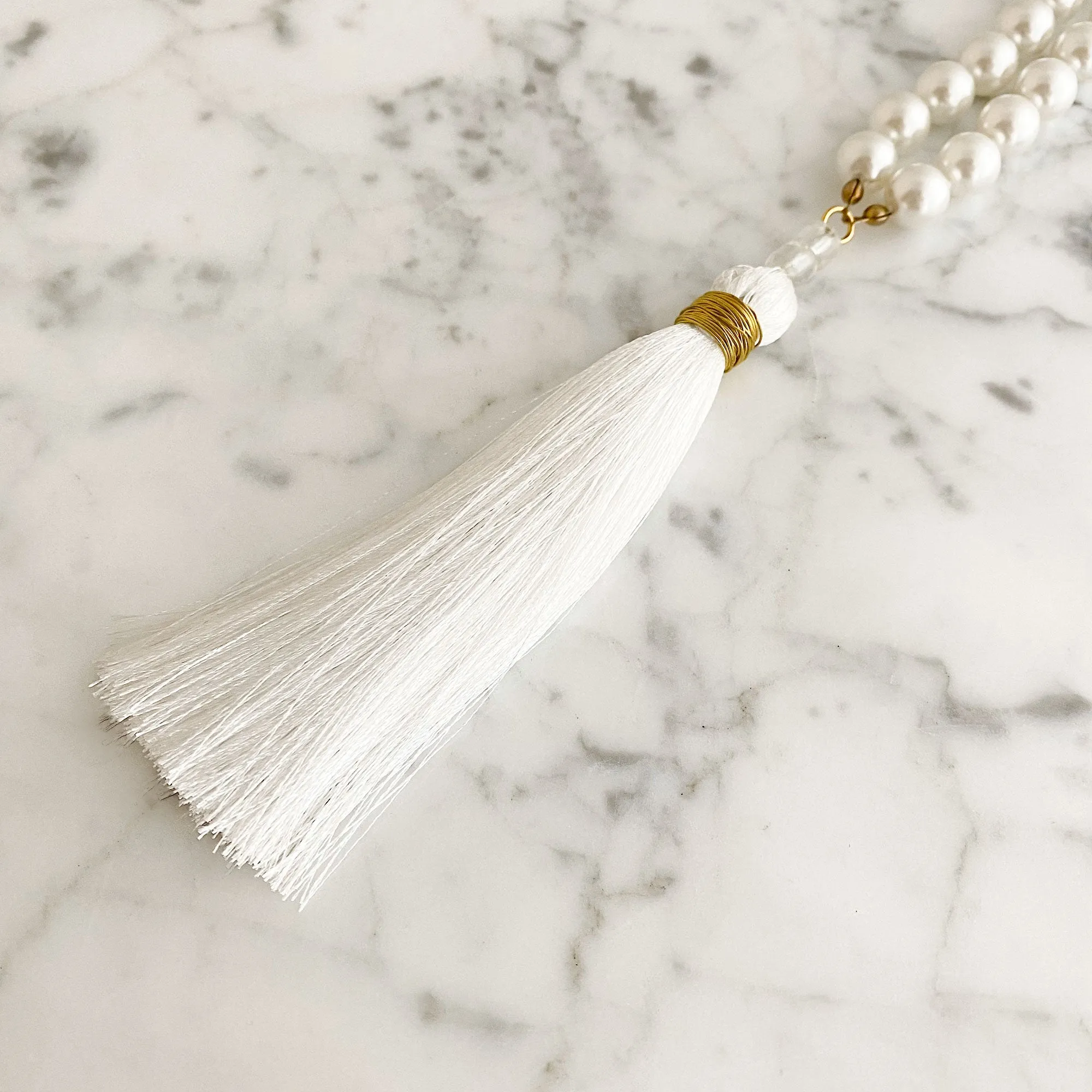 TOVA pearl and white tassel necklace