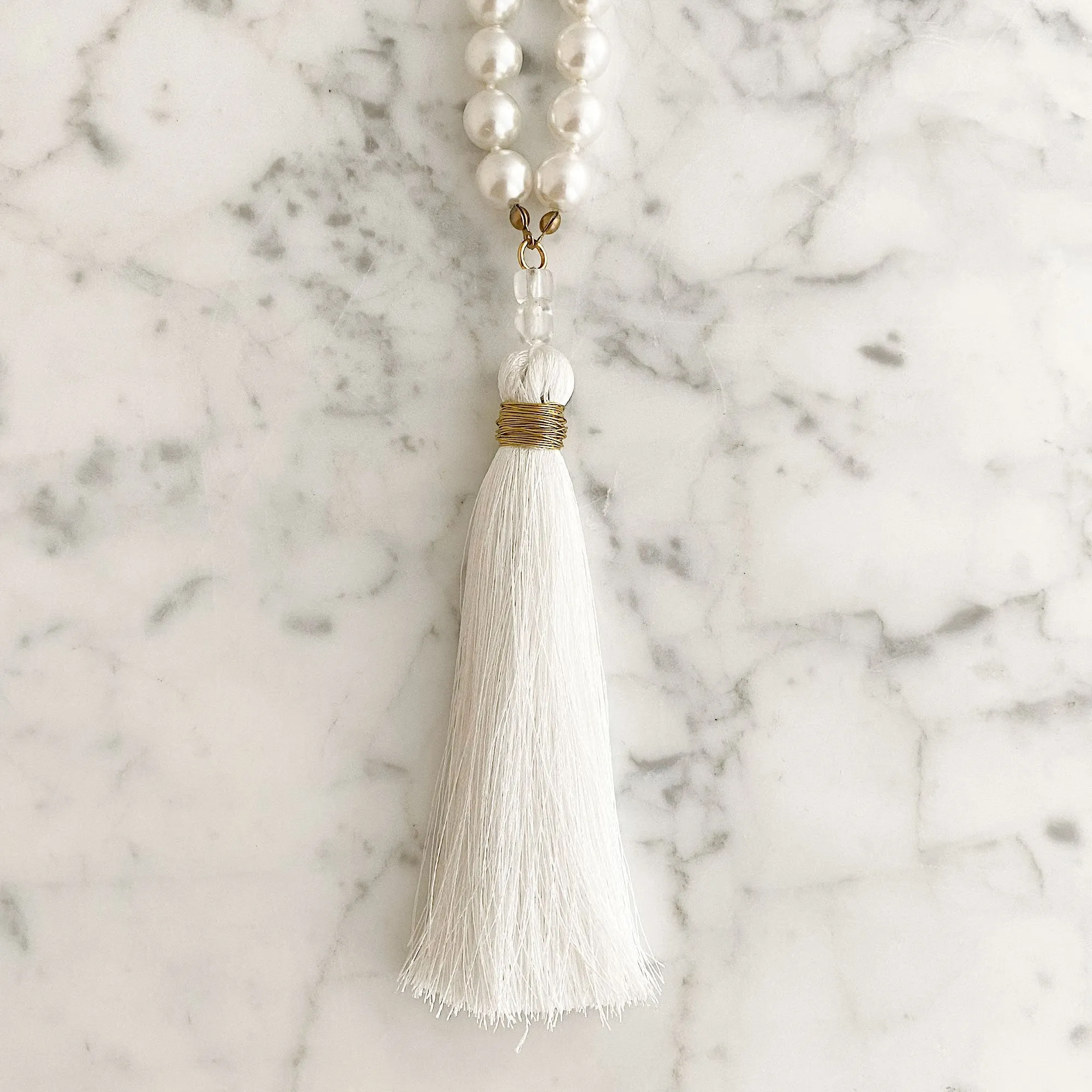 TOVA pearl and white tassel necklace