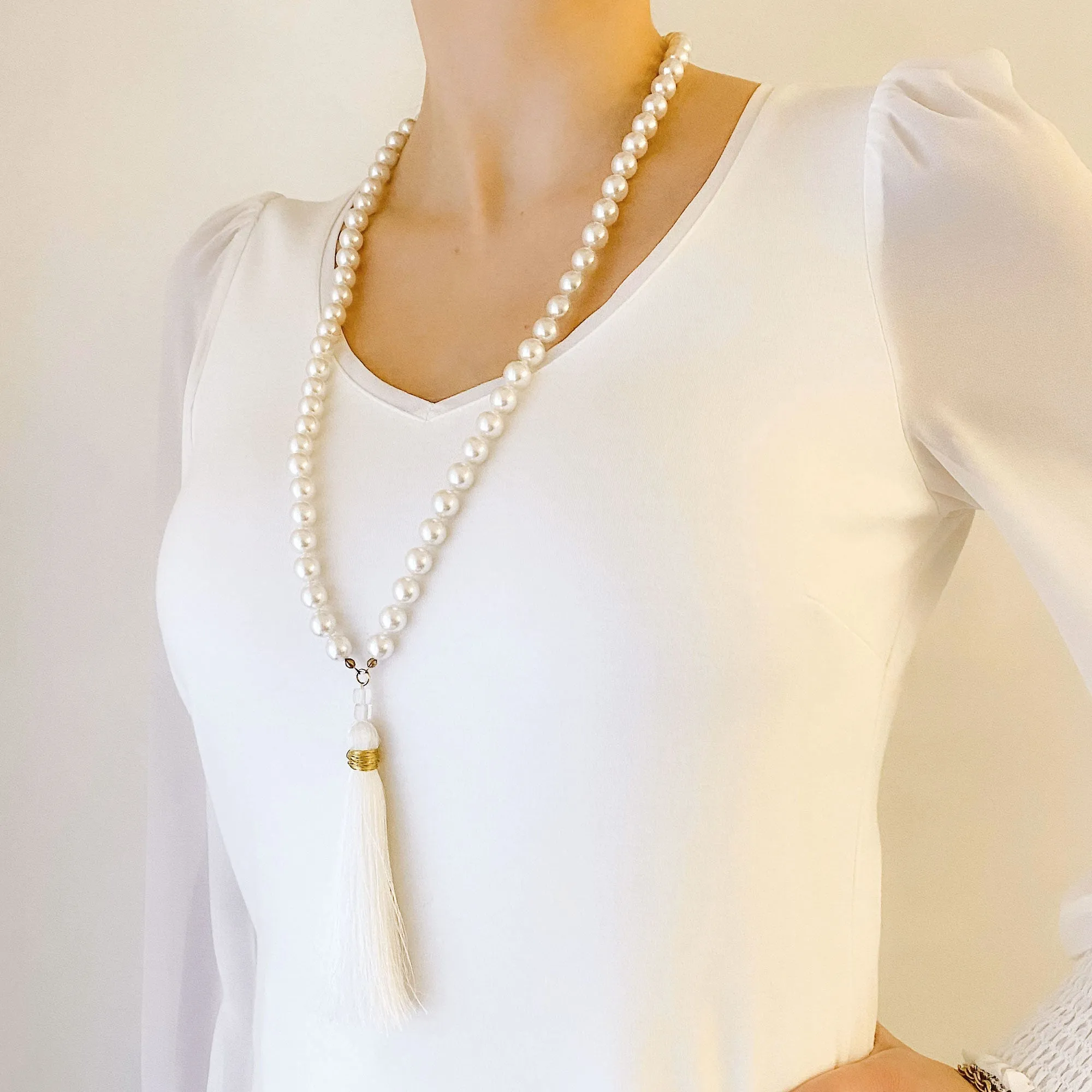 TOVA pearl and white tassel necklace