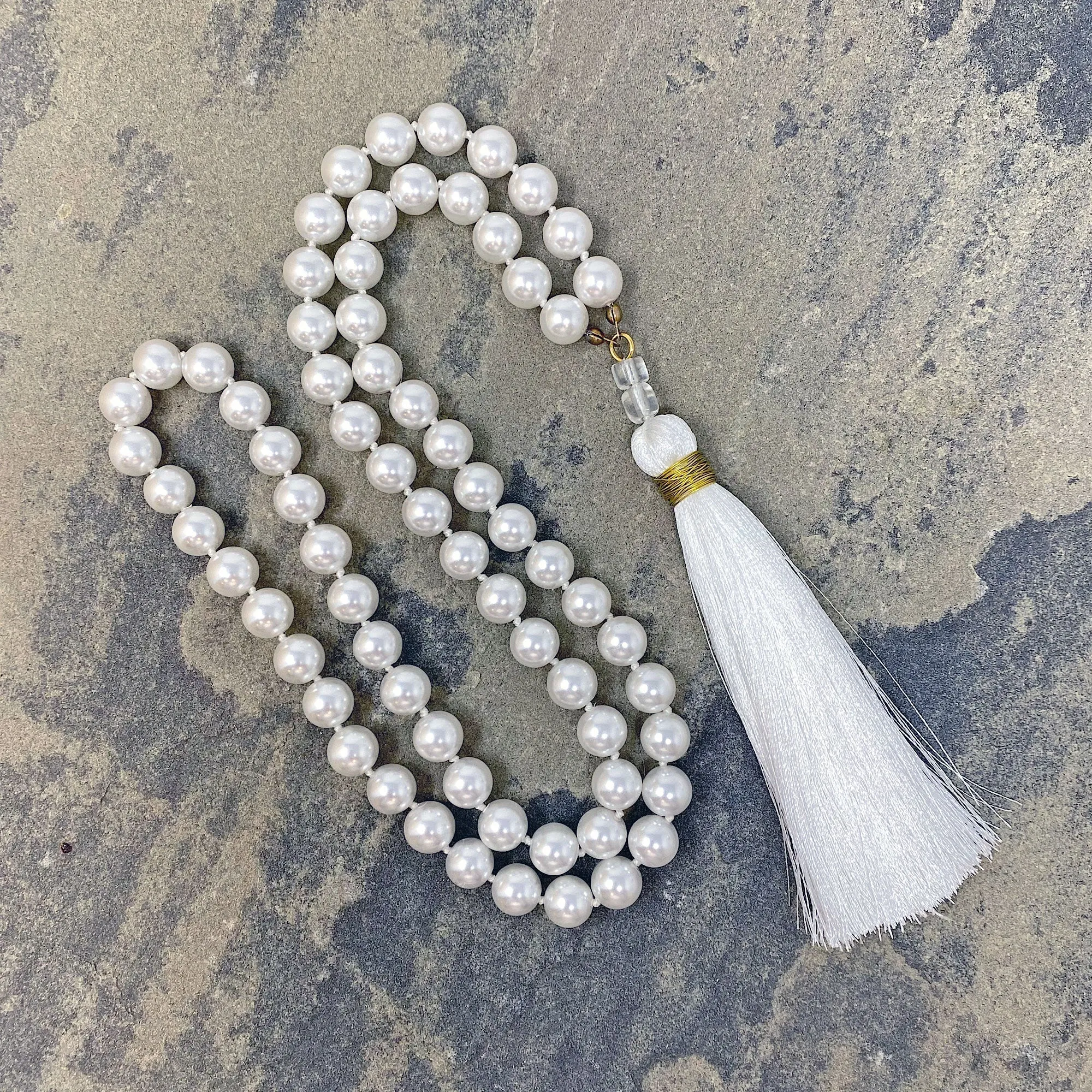 TOVA pearl and white tassel necklace