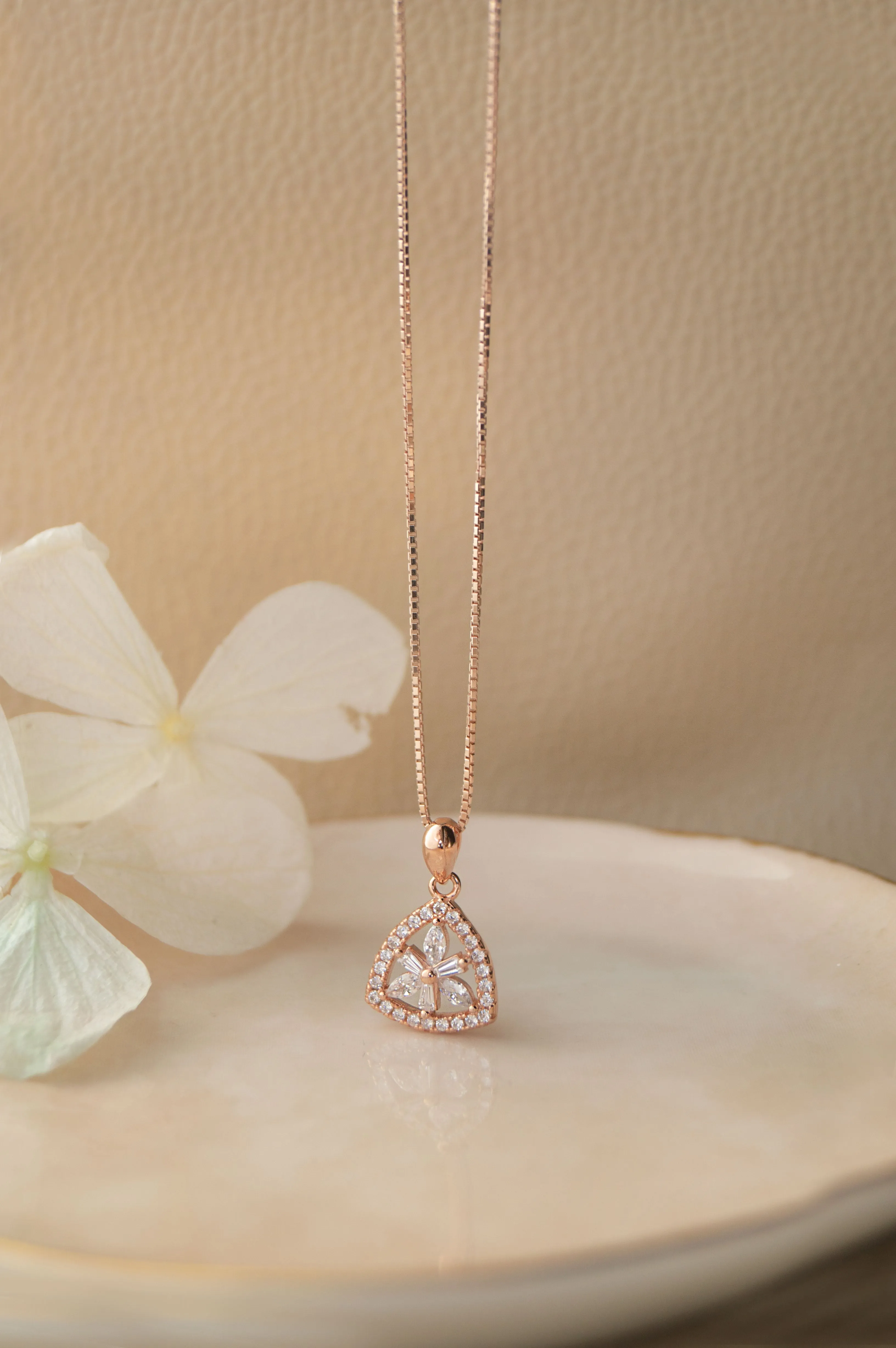 Triangular Flower Rose Gold Plated Sterling Silver Pendant Set