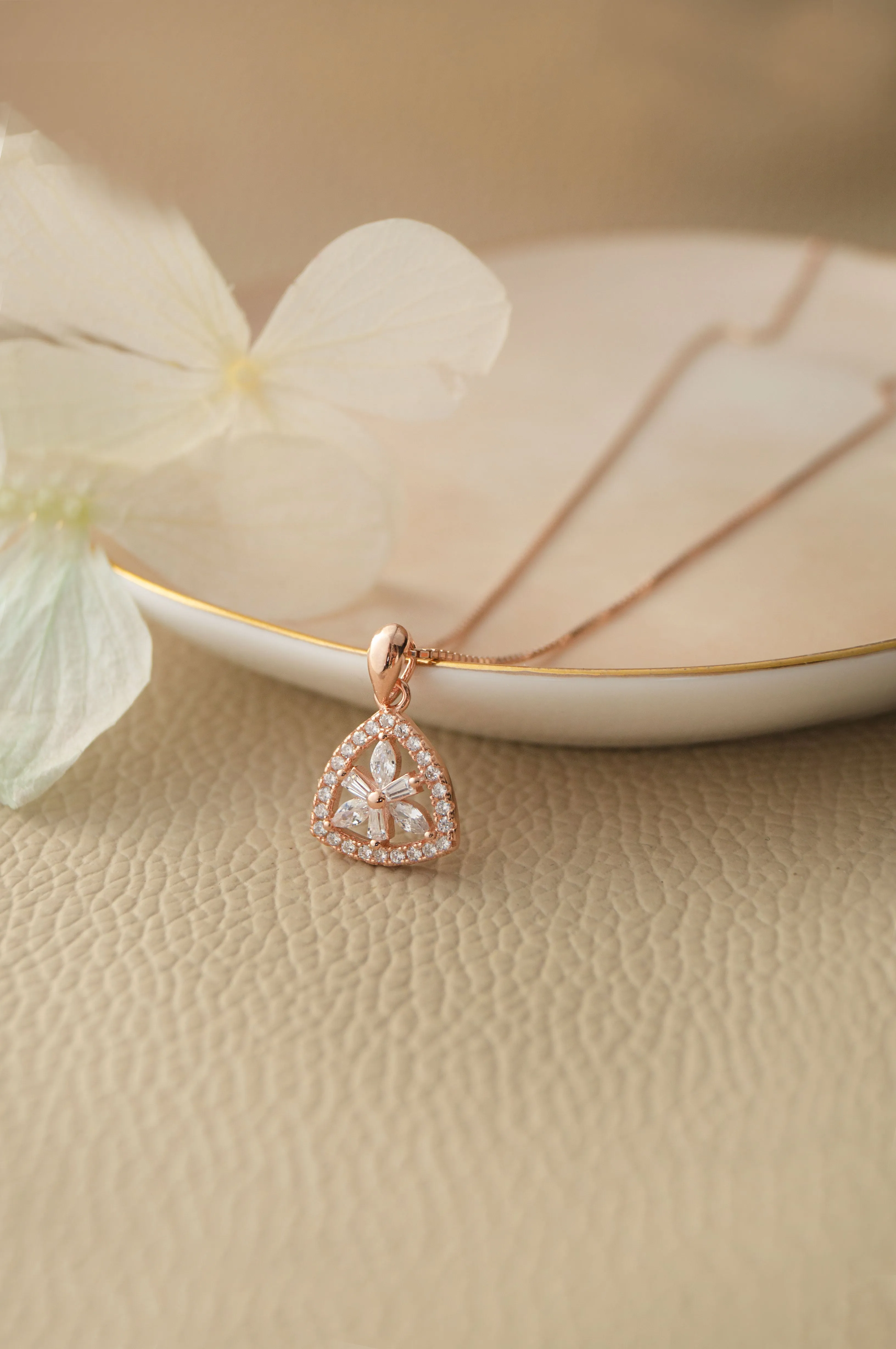 Triangular Flower Rose Gold Plated Sterling Silver Pendant Set