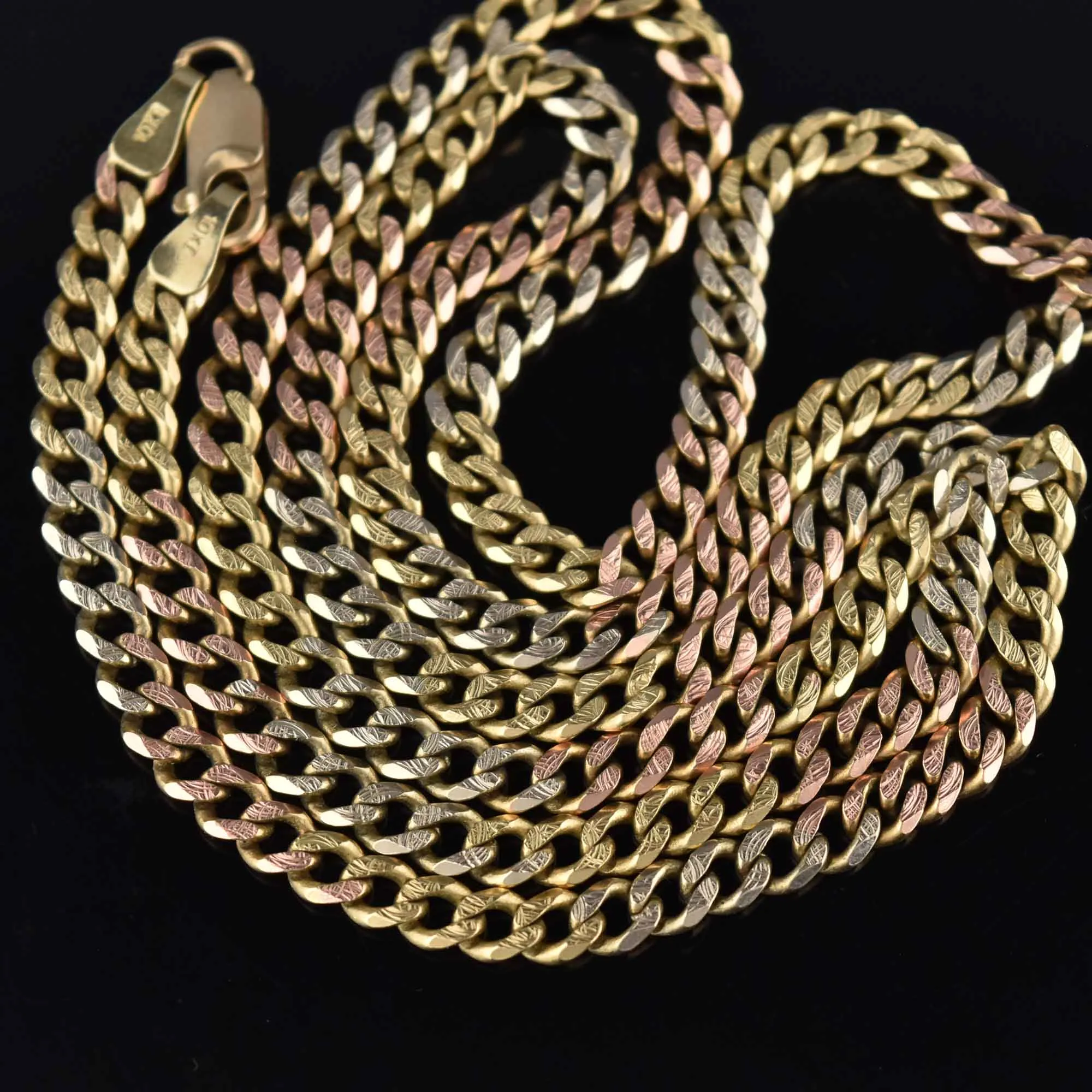 Tricolor Gold Long Textured Curb Chain Necklace Unisex