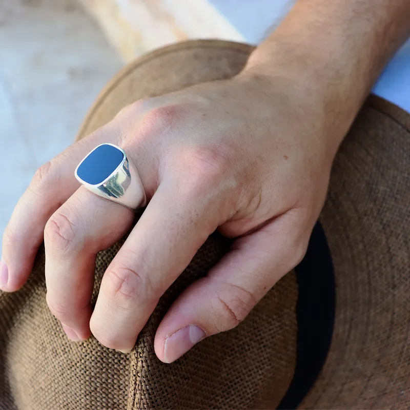 Unisex Onyx Square Silver Ring