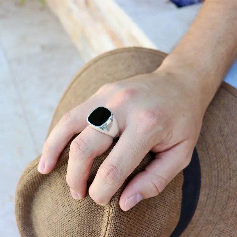 Unisex Onyx Square Silver Ring