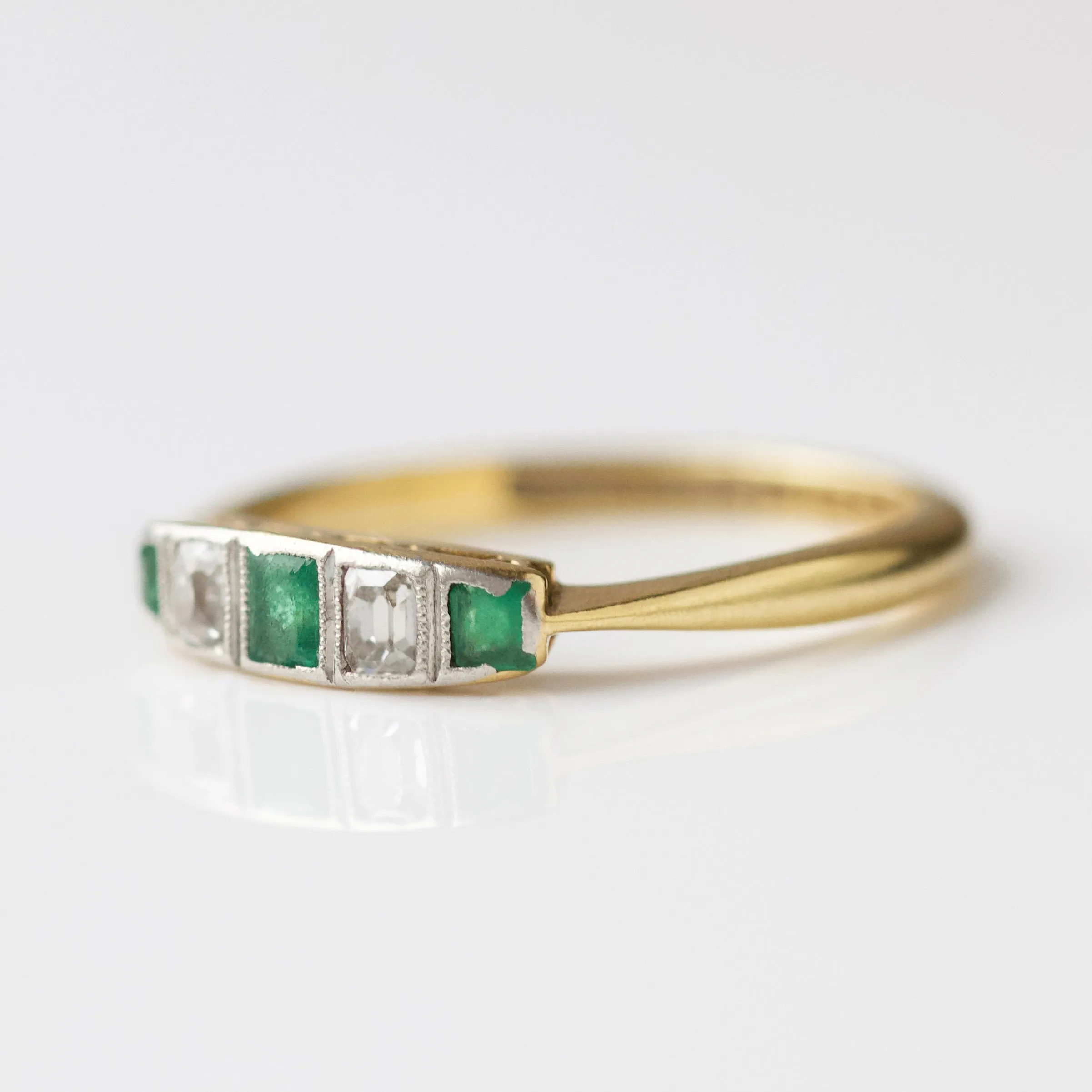 Vintage 18k Yellow Gold and Platinum Emerald and Diamond Ring - UK Size L