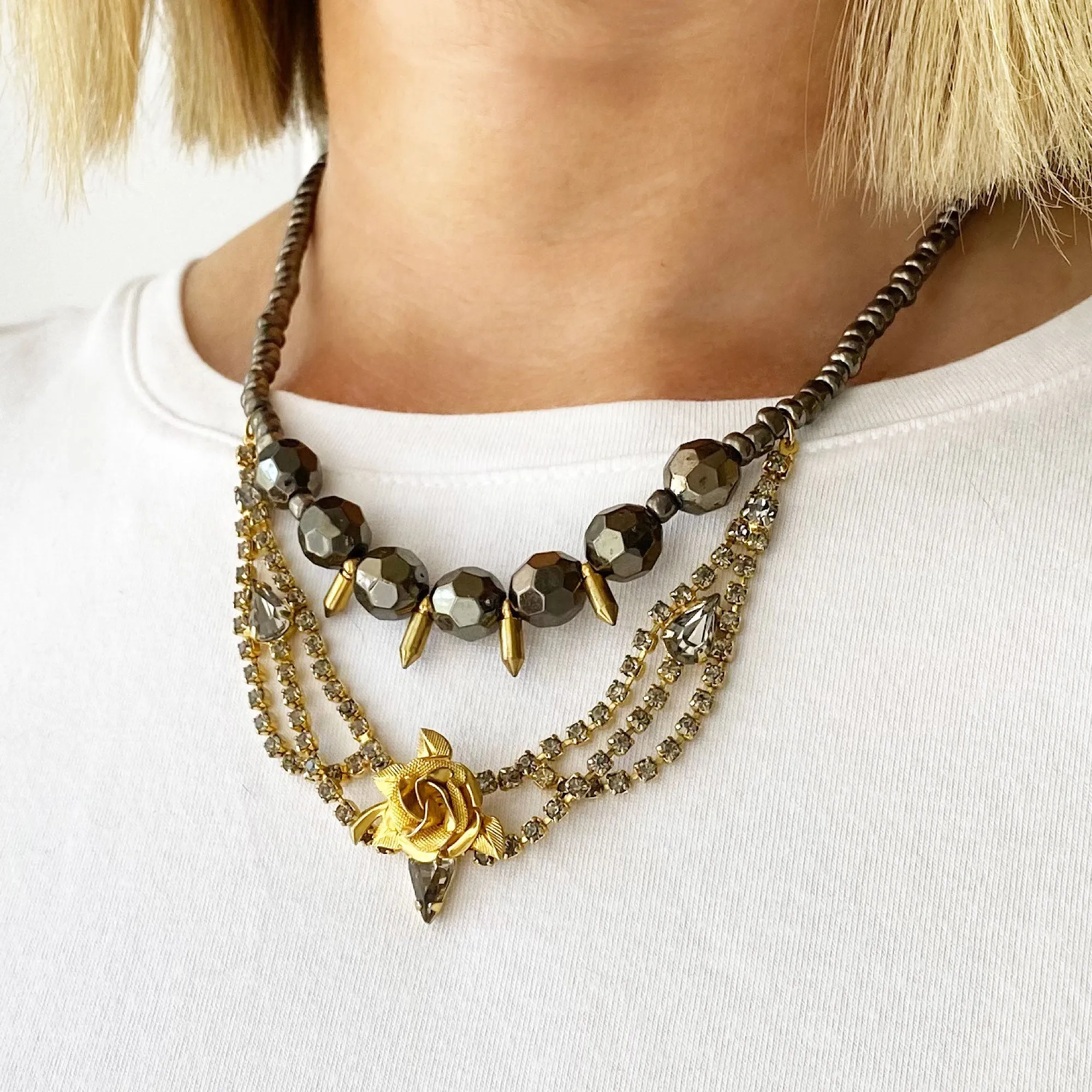 ZAYDEN hematite and gold necklace